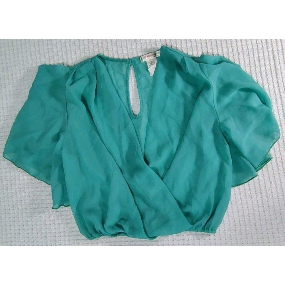 A'Gaci Top Sheer Mint Green Flowy Open Front V Neck Crop Sz S Fairy Whimsy